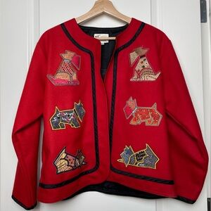 Vtg Yak Magik Red Wool/Silk Jacket with Beaded Dog Motifs, Sz M